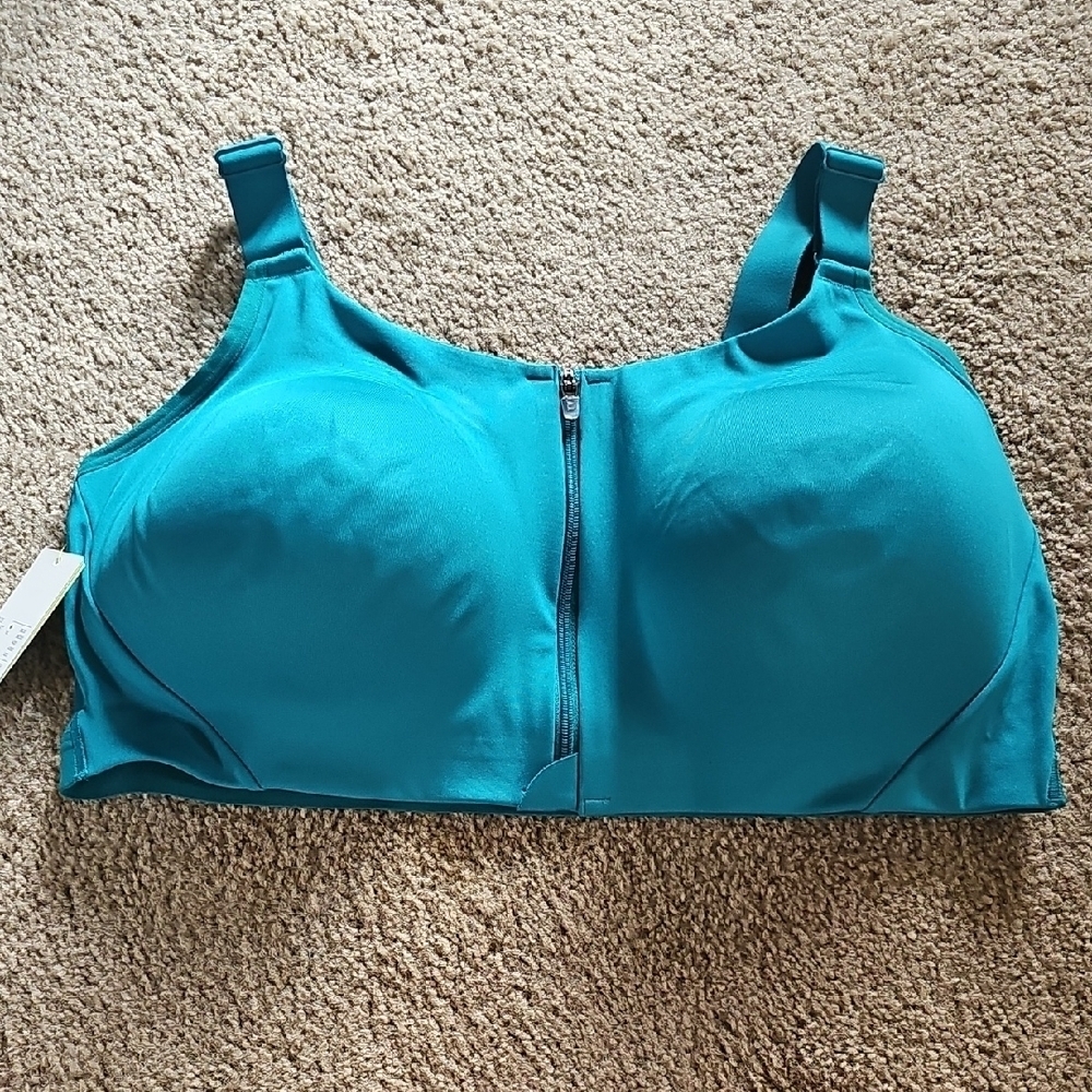 All In Motion Sculpt Sports Bra 44D Teal Zip Front High Support